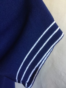 VAN CORT-BANLON, Navy Blue, White, Polyester, Solid, Ribbed Knit V-neck, Ribbed Knit 3 White Pinstripes on Collar Attached  Trim and Short Sleeves Cuffs, Solid Ribbed Knit Hem