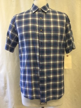 FAHERITY, Navy Blue, White, Pink, Cotton, Check , Plaid-  Windowpane, Button Front, Collar Attached, Short Sleeves, 1 Pocket,