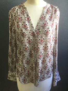 Womens, Blouse, JOIE, White, Beige, Rust Orange, Navy Blue, Silk, Floral, XS, Long Sleeve Button Front, Band Collar with V-Notch at Center, Pleated at Shoulder Seams