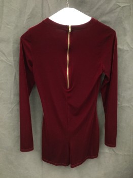 Womens, Jumpsuit, PINKILICIOUS, Cranberry Red, Polyester, Spandex, Solid, XS, Velvet Stretch, Evening Jumpsuit, Short, Crew Neck, Long Sleeves, Zip Back