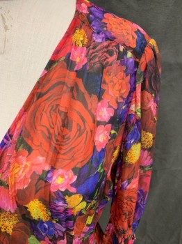 Womens, Dress, Short Sleeve, THE KOOPLES, Red, Pink, Purple, Yellow, Silk, Floral, M, Sheer Top Wrap Dress, Skirt Lined, Gathered Short Sleeves, Drawstring Cuff