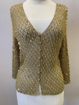 Womens, Sweater, N/L, Gold, Sequins, Cotton, Solid, S, V NeckCrochet, Sequin Pailletes and Golden Beads Sewed In, 7 Buttons