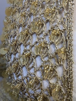 Womens, Sweater, N/L, Gold, Sequins, Cotton, Solid, S, V NeckCrochet, Sequin Pailletes and Golden Beads Sewed In, 7 Buttons