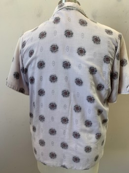 Mens, 1960s Vintage, P1, GEORGE RICKLAND, Lt Gray, Gray, Rust Orange, White, Cotton, Medallion Pattern, C 38, M, Pool Set Top, 3 Button Front, Collar Attached, Short Sleeves with Button Tab Detail, 3 Patch Pocket,  Terry Lined, Shoulder Burn, Multiple See FC095241