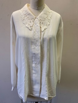 Womens, Blouse, PAULO ROSSI, Off White, Silk, Solid, M, Long Sleeves, Button Front, Collar Attached, Self Embroidery/Cutout Detail at Collar, Button Placket, Pintucks at Either Side of Placket, Oversized Fit, **Has Armpit Stains