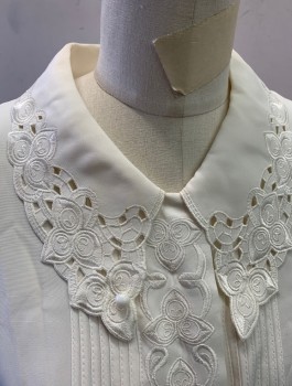 Womens, Blouse, PAULO ROSSI, Off White, Silk, Solid, M, Long Sleeves, Button Front, Collar Attached, Self Embroidery/Cutout Detail at Collar, Button Placket, Pintucks at Either Side of Placket, Oversized Fit, **Has Armpit Stains