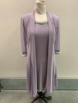 Womens, Dress, Piece 1, R+M RICHARDS, Lavender Purple, Polyester, Spandex, Solid, 8, JACKET, Shawl Lapel, Open Front, Netted Sheer Panels On Sides And Sheer Sleeves with White And Silver Beaded Cuffs