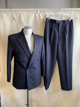 Mens, 1980s Vintage, P1, DENNIS KIM MTO, Navy Blue, Wool, Herringbone, 42R, 1980s Repro, Peaked Lapel, Double Breasted, Button Front, 3 Pockets