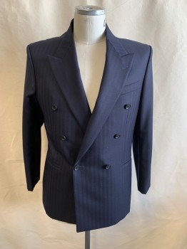 Mens, 1980s Vintage, P1, DENNIS KIM MTO, Navy Blue, Wool, Herringbone, 42R, 1980s Repro, Peaked Lapel, Double Breasted, Button Front, 3 Pockets