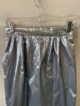 N/L, Silver, Lurex, Nylon, Solid, Metallic Lame, 2 Inch Waist Band, Double Pleated, Pencil Skirt