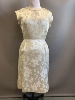 Womens, Cocktail Dress, NO LABEL, Ivory White, Polyester, Floral, W26, B36, S/S, Crew Neck, Side Pockets, Back Zipper, Distressed