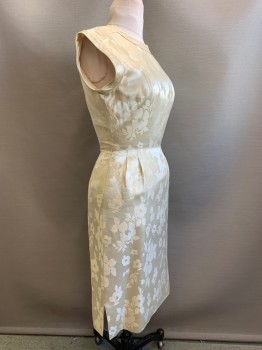 Womens, Cocktail Dress, NO LABEL, Ivory White, Polyester, Floral, W26, B36, S/S, Crew Neck, Side Pockets, Back Zipper, Distressed