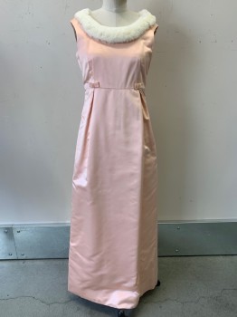 Womens, Evening Gown, NO LABEL, Lt Pink, White, Silk, Solid, W28, B34, H36, Sleeveless, Boat Neck, Fur Neckline, Waist Bow, Pleated, Back Zipper, Made to Order