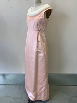 Womens, Evening Gown, NO LABEL, Lt Pink, White, Silk, Solid, W28, B34, H36, Sleeveless, Boat Neck, Fur Neckline, Waist Bow, Pleated, Back Zipper, Made to Order