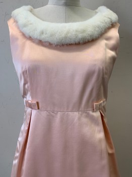 NO LABEL, Lt Pink, White, Silk, Solid, Sleeveless, Boat Neck, Fur Neckline, Waist Bow, Pleated, Back Zipper, Made to Order