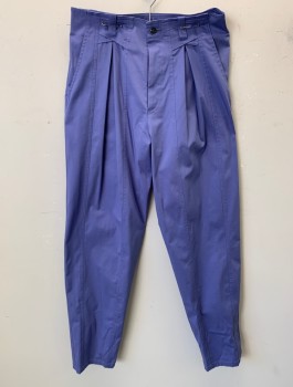 N/L MTO, Periwinkle Blue, Poly/Cotton, Solid, Made To Order, Pleated with Unusual Panels at Waist, 1/2" Wide Belt Loops, Tapered Leg, 3 Pockets