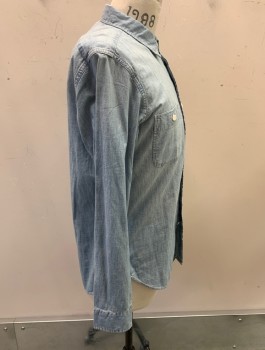 Mens, Casual Shirt, J CREW, Lt Blue, Cotton, Solid, M, Chambray, L/S, C.A., Button Front, 2 Pockets,