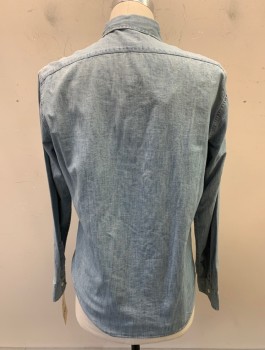 Mens, Casual Shirt, J CREW, Lt Blue, Cotton, Solid, M, Chambray, L/S, C.A., Button Front, 2 Pockets,