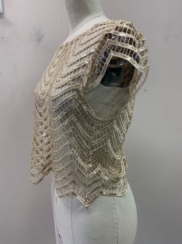 NO LABEL, Gold, Champagne, Cotton, Polyester, Cap Shoulders, Crew Neck, Netted, Sequins, Back Zipper