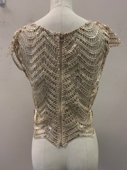 NO LABEL, Gold, Champagne, Cotton, Polyester, Cap Shoulders, Crew Neck, Netted, Sequins, Back Zipper