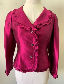 Womens, Suit, Jacket, TERI JOHN, Magenta Pink, Rayon, Polyester, Solid, W:30, B:36, Evening Suit, Shiny Fabric, Single Breasted Blazer, Rounded Notched Lapel, Self Ruffle Edges, 3 Jeweled Metal Buttons (Missing Some Jewels)