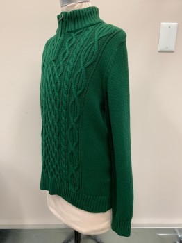 Childrens, Sweater, LANDS END, Dk Green, Cotton, Cable Knit, M, L/S, High Neck, Zip Front,