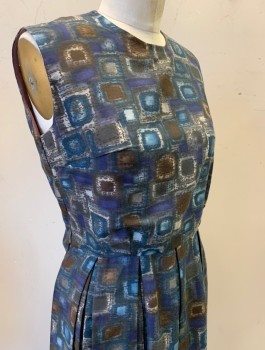 Womens, Dress, N/L, Midnight Blue, Espresso Brown, Gray, Cotton, Abstract , Squares, W:30, B:36, Early 1960's, Sleeveless, Round Neck, Pleats at Waist, Knee Length, Zipper in Back