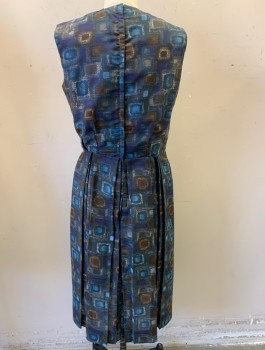 Womens, Dress, N/L, Midnight Blue, Espresso Brown, Gray, Cotton, Abstract , Squares, W:30, B:36, Early 1960's, Sleeveless, Round Neck, Pleats at Waist, Knee Length, Zipper in Back