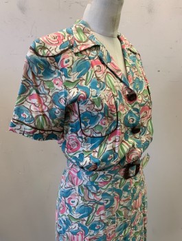Womens, 1940s Vintage, Dress, N/L MTO, Multi-color, Ecru, Turquoise Blue, Pink, Green, Cotton, Floral, W:27, B:34, H:36, Made To Order, Shirtwaist, S/S, Collar Attached, Brown Piping Trim, 2 Patch Pockets at Bust, Knife Pleats at Hem, Knee Length, with Matching Belt (Barcode CF033454)