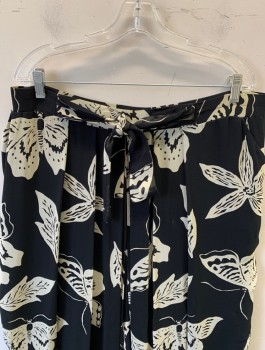 Womens, 1990s Vintage, Piece 2, GIVENCHY EN PLUS, Black, Cream, Polyester, Novelty Pattern, Leaves/Vines , 3XL, 24W, Palazzo Pants, Chiffon with Butterflies, Leaves and Flowers Pattern, 1.5" Wide Self Waistband with Self Ties, Double Pleats, 2 Side Pockets, Wide Leg