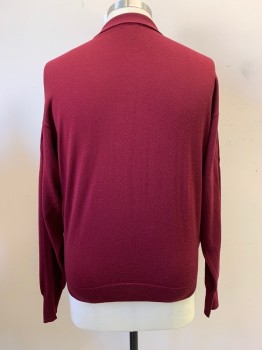 Mens, Pullover Sweater, E-LUXE, Red Burgundy, Wool, XL, Collar Attached, Half Button Front, Rib Knit Collar, Waist, & Cuffs, Long Sleeves, Knit