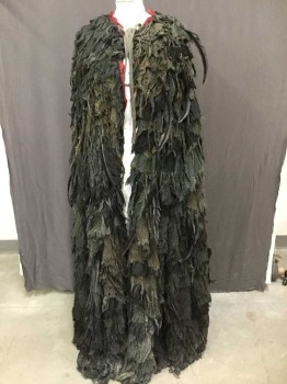 Unisex, Sci-Fi/Fantasy Robe, Gray, Lt Gray, Black, Red, Faded Black, Cotton, Feathers, Gauze/Cheese Cloth 'rag' Strips In Grays And Blacks, Neck Tie, Red Raw Edge At Neck, Feathers