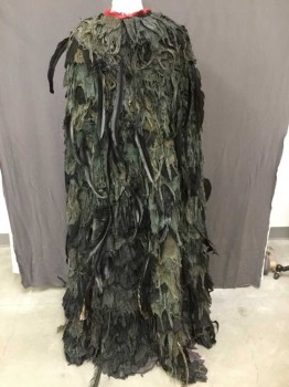 Unisex, Sci-Fi/Fantasy Robe, Gray, Lt Gray, Black, Red, Faded Black, Cotton, Feathers, Gauze/Cheese Cloth 'rag' Strips In Grays And Blacks, Neck Tie, Red Raw Edge At Neck, Feathers