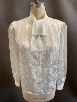 WYNDHAM COLLECTION, Off White, Polyester, Floral, Geometric, Satin Damask, Jabot Collar, B.F., L/S, 2 Pleat Front In Yoke