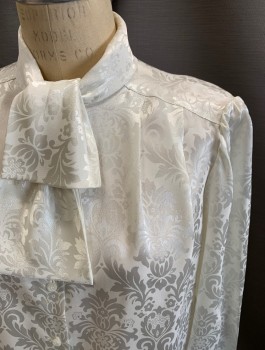 WYNDHAM COLLECTION, Off White, Polyester, Floral, Geometric, Satin Damask, Jabot Collar, B.F., L/S, 2 Pleat Front In Yoke