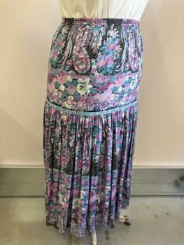 CAROLE LITTLE, Black with Off White Seafoam Purple & Pink Floral Paisley, Rayon, Elastic Waist, Ankle Length