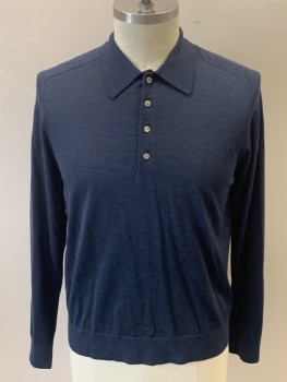 Mens, Pullover Sweater, THEORY, Navy Blue, Wool, Solid, L, C.A., 4 Button Front with Placket, L/S