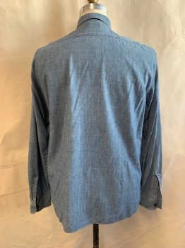 RALPH LAUREN, Denim Blue, Cotton, Collar Attached, Button Front, Long Sleeves, 2 Chest Pockets
