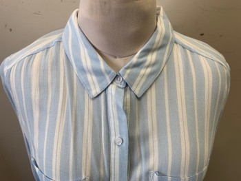 Womens, Blouse, BP, Lt Blue, White, Cotton, Rayon, Stripes - Vertical , M, Long Sleeves, Button Front, Collar Attached, 2 Patch Pocket