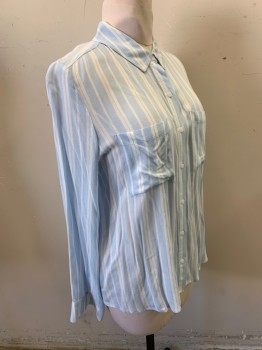 Womens, Blouse, BP, Lt Blue, White, Cotton, Rayon, Stripes - Vertical , M, Long Sleeves, Button Front, Collar Attached, 2 Patch Pocket