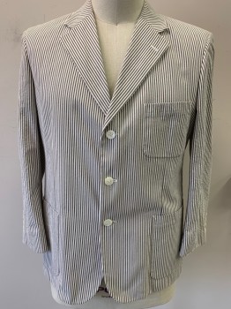 BROOKS BROTHERS, White, Gray, Cotton, Stripes - Vertical , Seersucker, Notched Lapel, 3 Buttons, 3 Patch Pockets, Center Back Vent