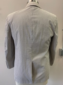 BROOKS BROTHERS, White, Gray, Cotton, Stripes - Vertical , Seersucker, Notched Lapel, 3 Buttons, 3 Patch Pockets, Center Back Vent