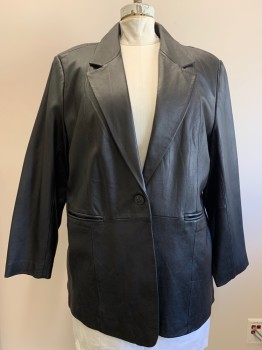 Womens, Leather Jacket, DENIM & CO, Black, Leather, Solid, 2XL, Notched Lapel, 1 Btn, 2 Pckts, Vertical Seams