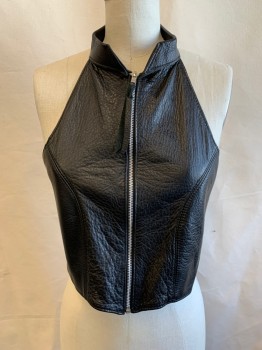 Womens, Top, AMERICAN VINTAGE, Black, Leather, B34-36, Pebbled, High Halter Neck, Zip Front, Lace Up
