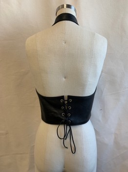 Womens, Top, AMERICAN VINTAGE, Black, Leather, B34-36, Pebbled, High Halter Neck, Zip Front, Lace Up