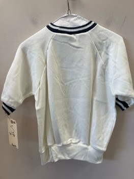 HANES, White with Navy Striped Ringer & Cuffs, S/S, Polyester Fleece, Pullover