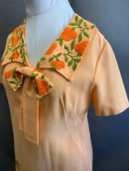 N/L, Lt Orange, Orange, Lime Green, Rayon, Solid, Floral, Short Sleeves, Floral Textured Embroidery at Collar and Hem, Self Bow at Center Front Neck, V-neck with Oversized Collar, Shift Dress, Zipper in Back, Knee Length,