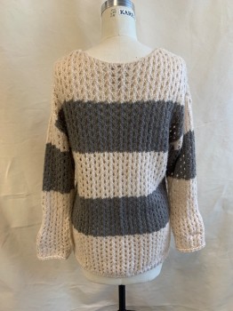 Womens, Pullover, GLIMMER, Lt Beige, Gray, Acrylic, Stripes, M, Round Neck, Long Sleeves