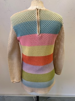EASTMOOR, Beige, Lt Blue, Pink, Yellow, Orange, Acrylic, Color Blocking, Jewel Neckline, L/S, Crochet, Solid Beige Knit Under Top Attached, Zip Back