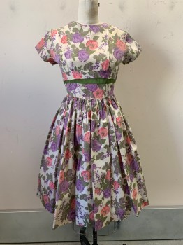 Womens, Cocktail Dress, Bonnie Blair, Off White, Lavender Purple, Rose Pink, Olive Green, Polyester, Floral, W26, B33, S/S, Crew Neck, Layered Band, Pleated, Back Zipper,
